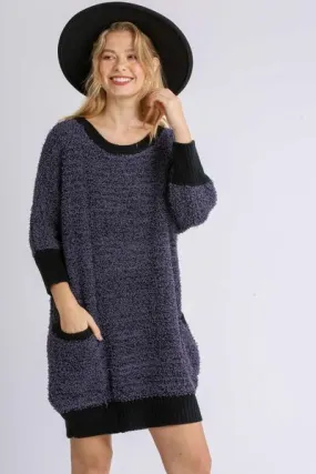 Black Ribbed Hem Round Neck Sweater Dress