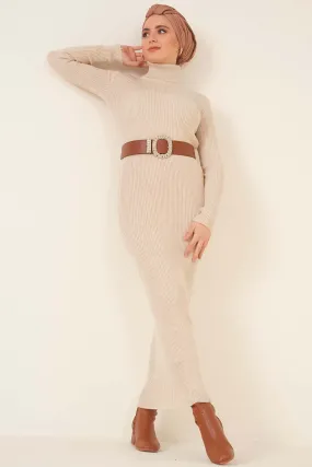 BNG Women Beige Ribbed Long Sweater Dress - Clermont