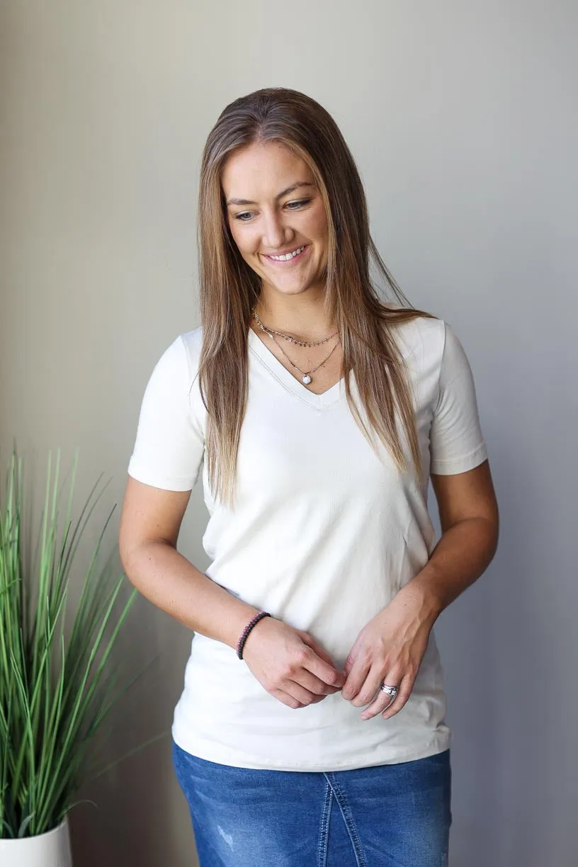 Bone V-Neck Short Sleeve Top
