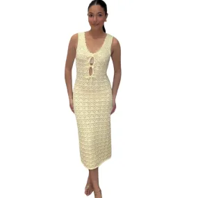 Bow Detail Crochet Midi Dress - Soft Yellow