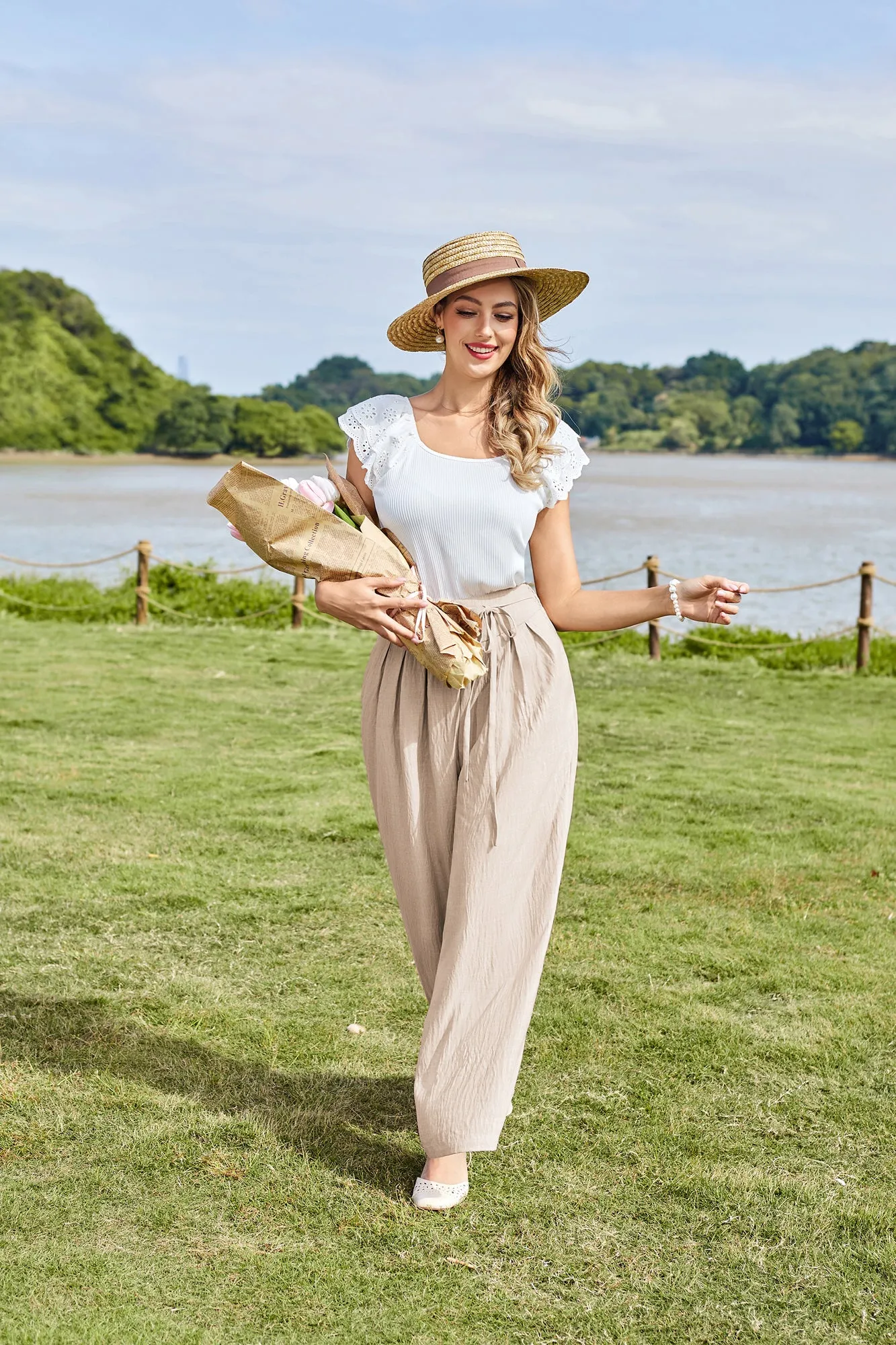 BP Women Vintage Wide Leg Pants Elastic Waist Pleated Palazzo Pants
