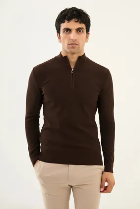 Brabion Marco Textured Slim Fit Zippered Half Turtleneck Brown Knitwear Sweater