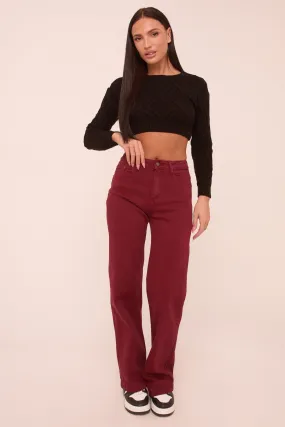 Burgundy Stretch Mid Waist Straight Leg Denim Jeans - Misha