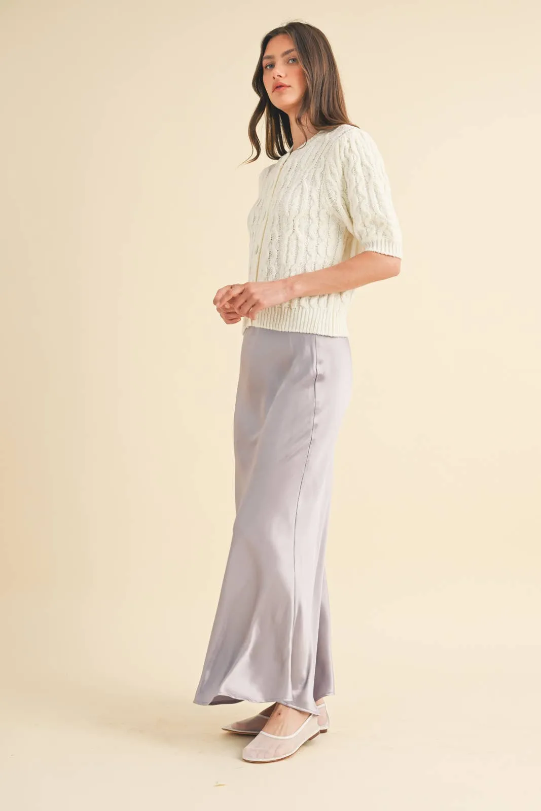 CABLE KNIT PUFF SLEEVE CARDIGAN