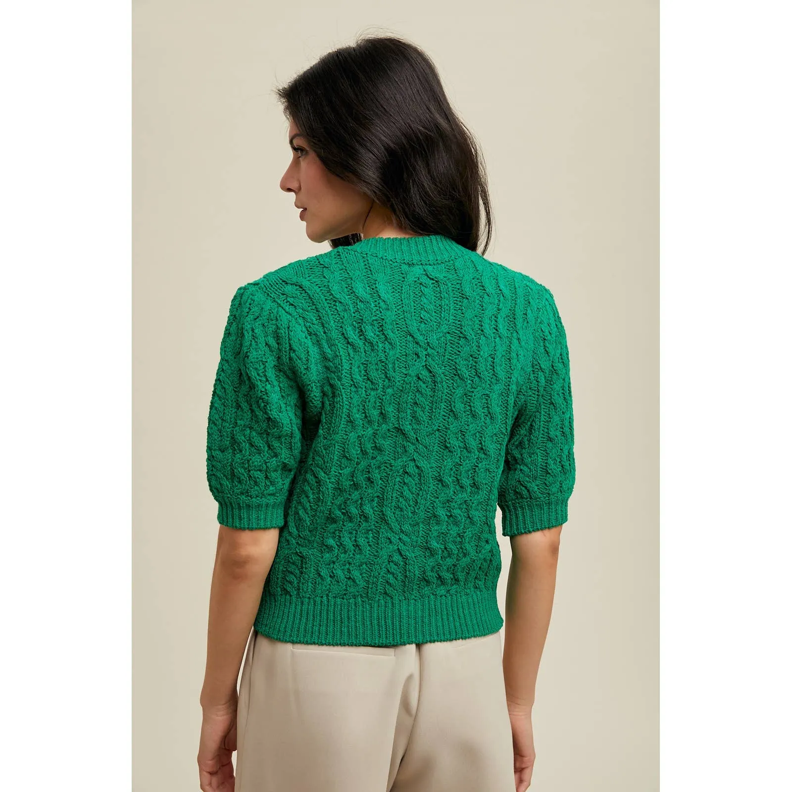 CABLE KNIT PUFF SLEEVE CARDIGAN