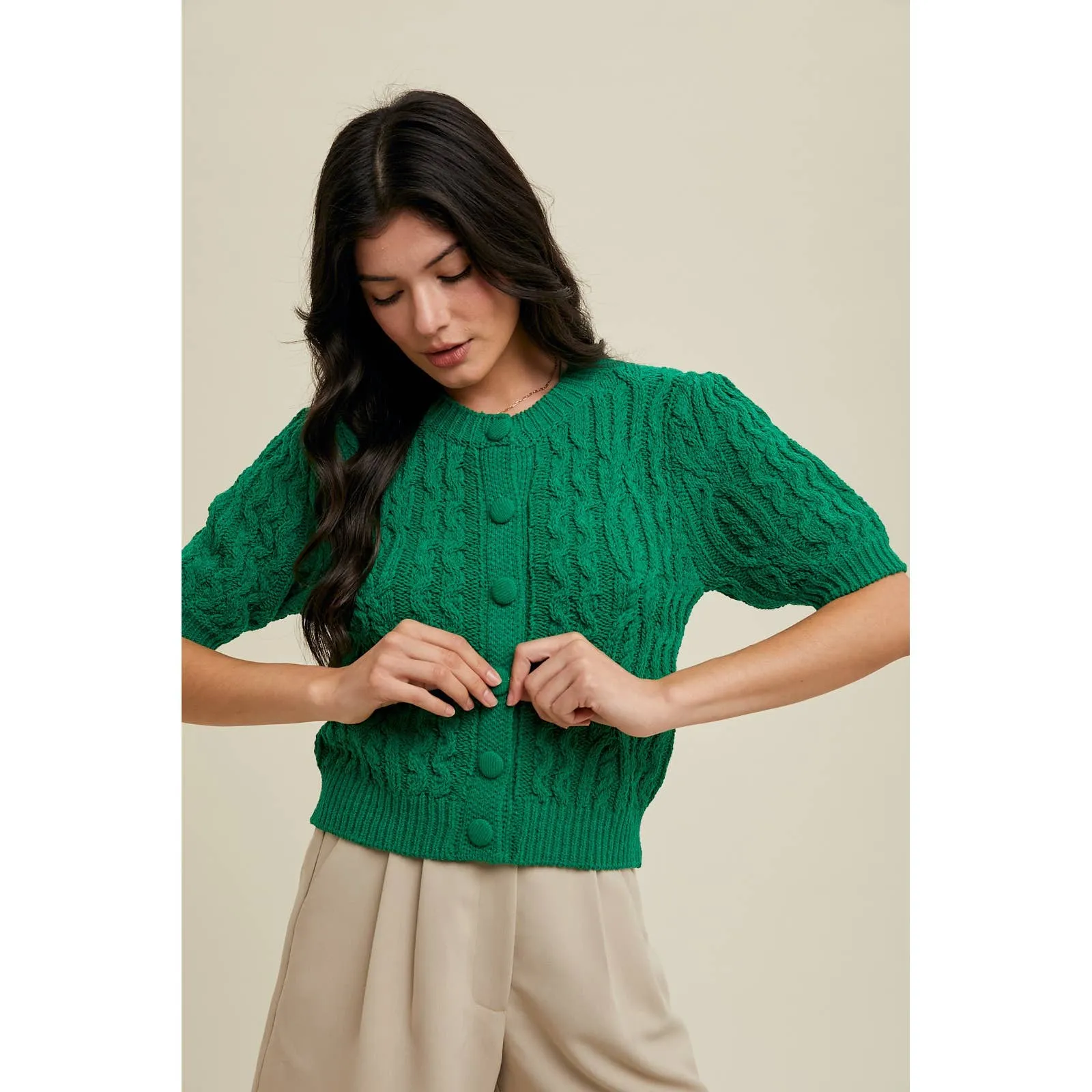 CABLE KNIT PUFF SLEEVE CARDIGAN
