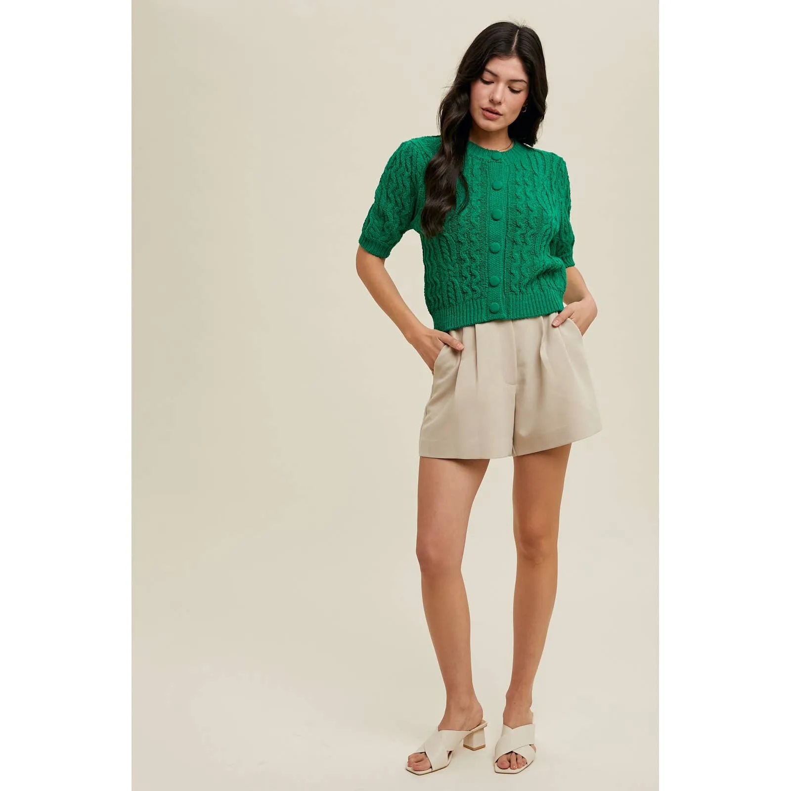 CABLE KNIT PUFF SLEEVE CARDIGAN