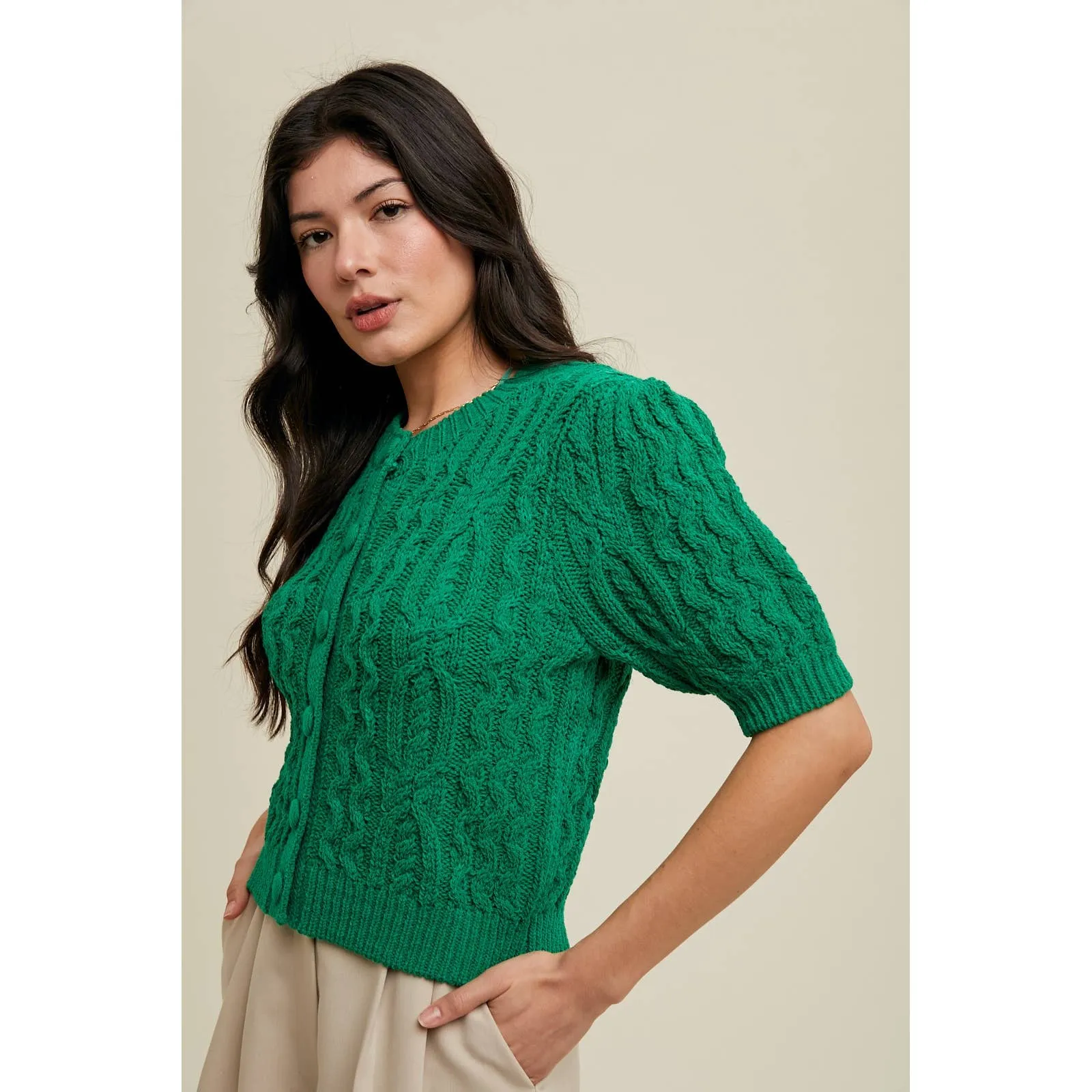 CABLE KNIT PUFF SLEEVE CARDIGAN