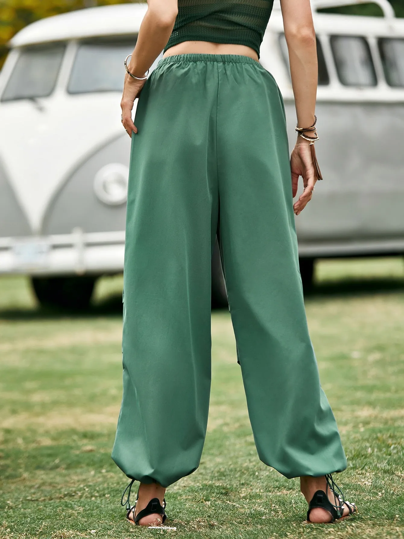Casual Plain Grommet Eyelet High Waist Long Women Pants