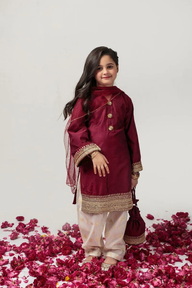 Cheeco Chic - MJSEID24 - Cotton Silk & Jacquard - burgundy maroon & White - 3 Piece