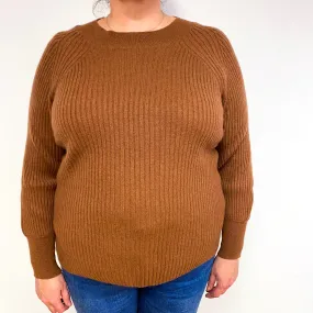 Chestnut Brown Ribbed Cashmere Crew Neck Jumper Extra Large
