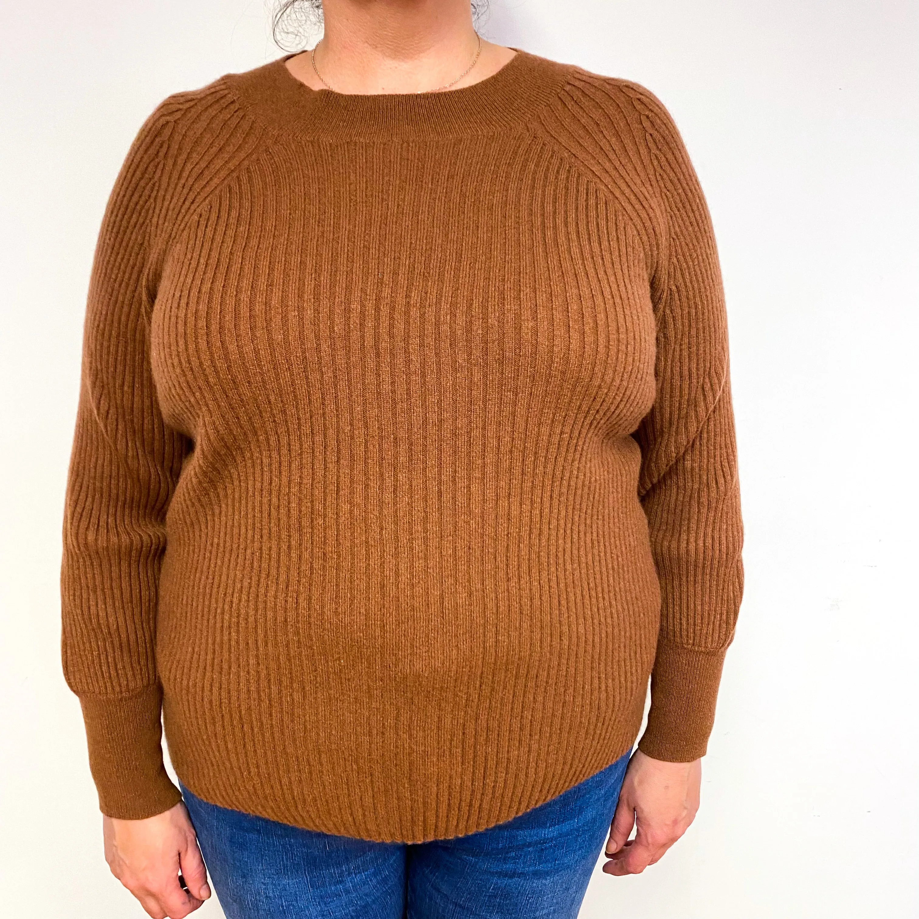 Chestnut Brown Ribbed Cashmere Crew Neck Jumper Extra Large