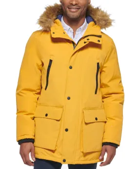 Club Room Mens Parka Coat Small Yellow Fur Trim Solid