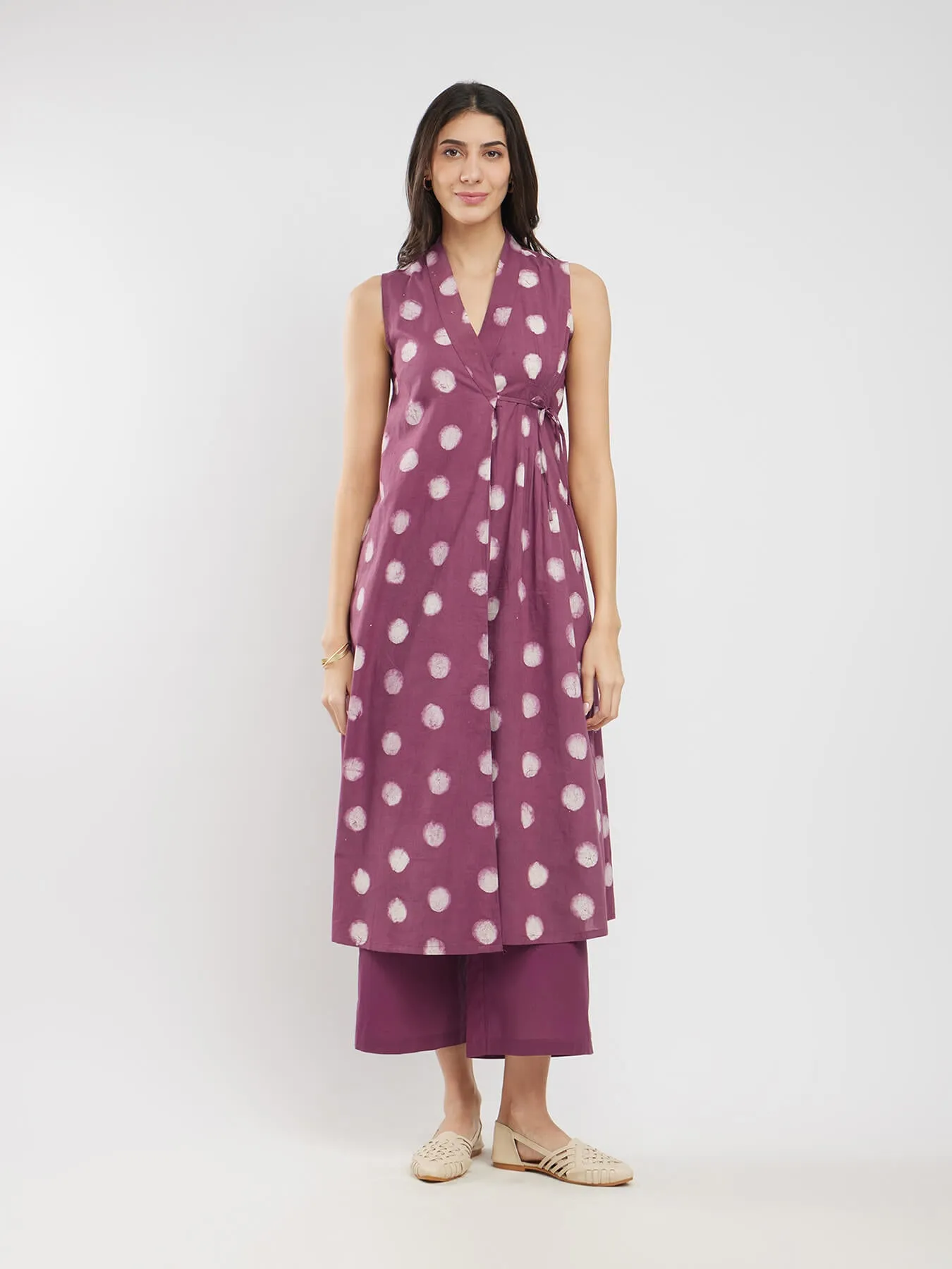 Cotton Dabu Polka Wrap Kurta Set - Burgundy