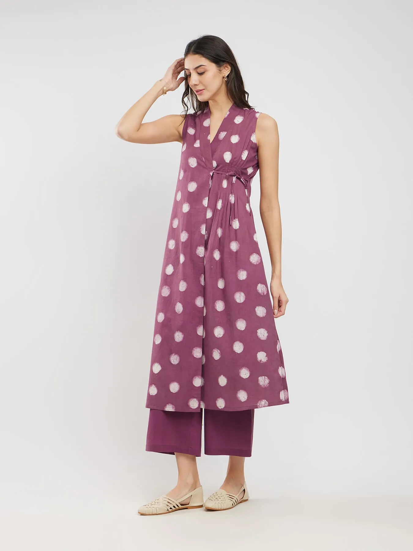 Cotton Dabu Polka Wrap Kurta Set - Burgundy