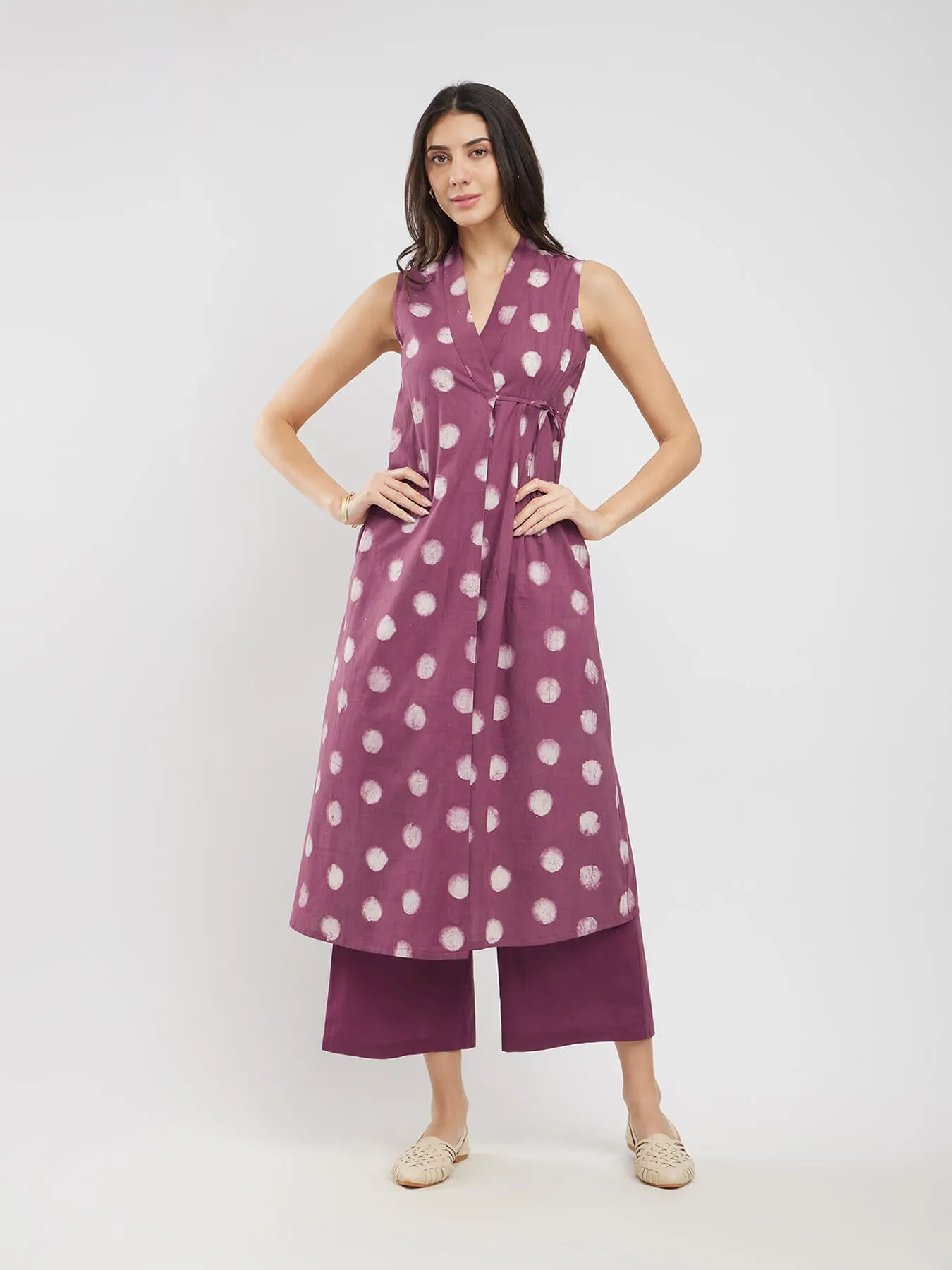 Cotton Dabu Polka Wrap Kurta Set - Burgundy