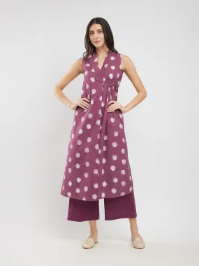 Cotton Dabu Polka Wrap Kurta Set - Burgundy