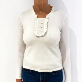Cream Ruffle Neck Cashmere Crew Neck Jumper Medium
