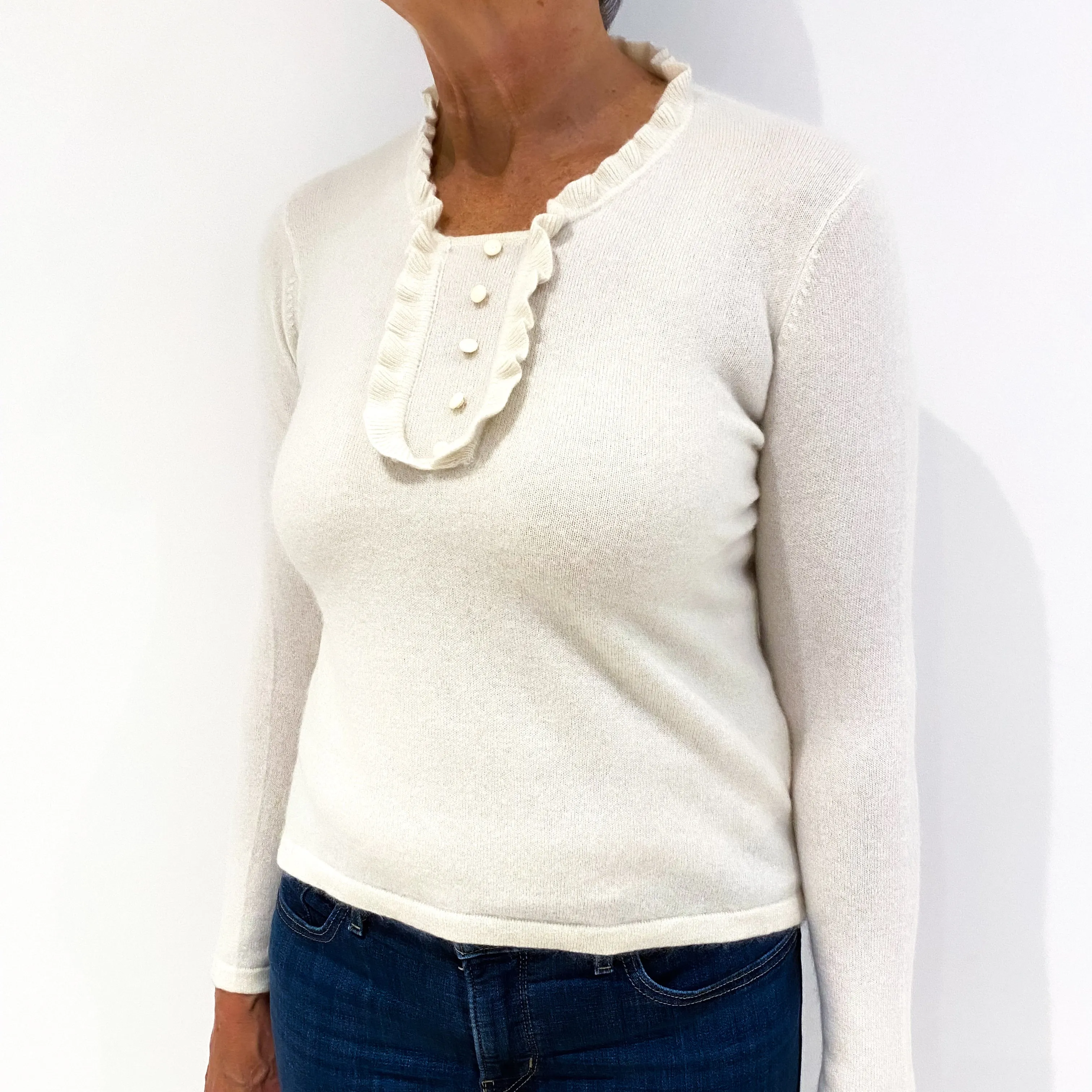 Cream Ruffle Neck Cashmere Crew Neck Jumper Medium