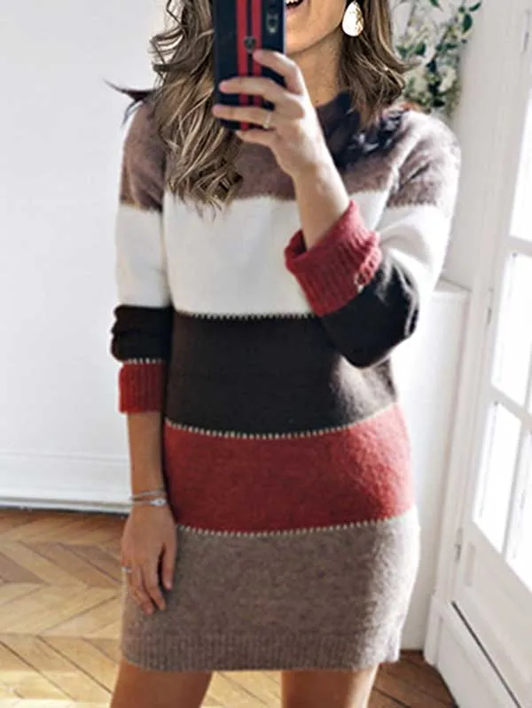 Crew Neck Color Block Striped Knit Sweater Dress