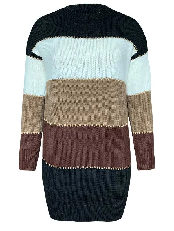 Crew Neck Color Block Striped Knit Sweater Dress