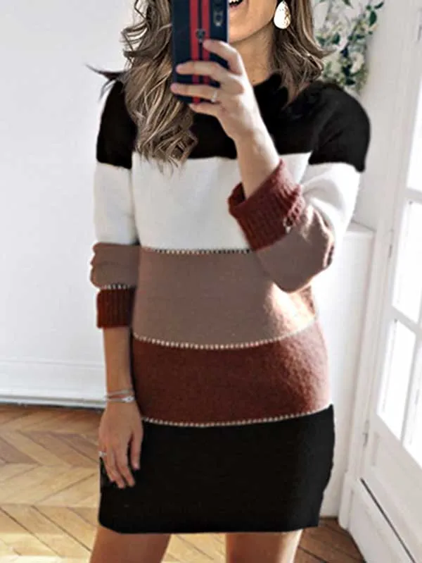 Crew Neck Color Block Striped Knit Sweater Dress
