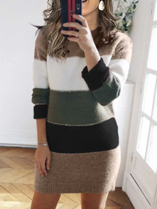 Crew Neck Color Block Striped Knit Sweater Dress