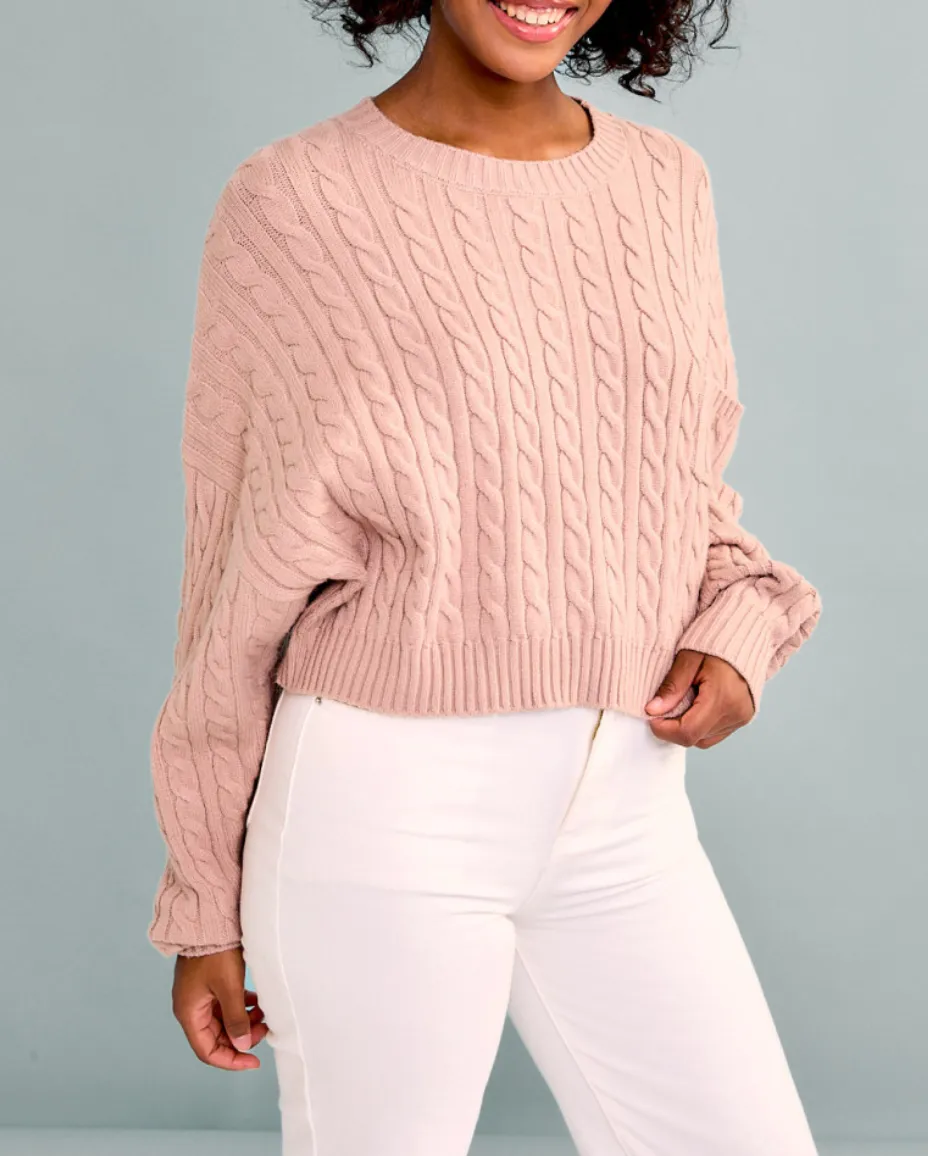 Crew Neck Long Sleeve Cable Knit Sweater