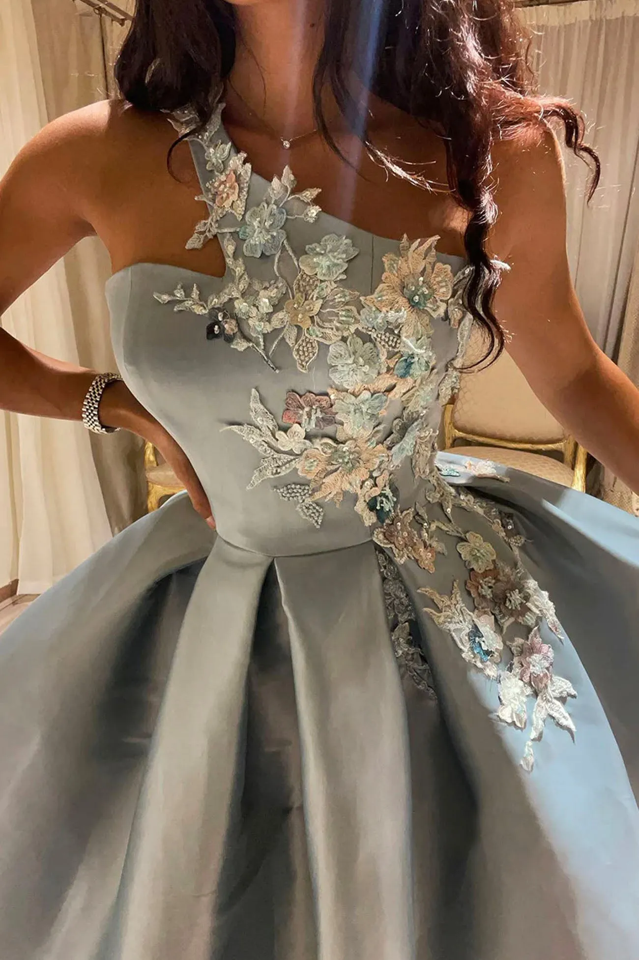 Cute Satin Short Prom Dress, One Shoulder Lace A-Line Party Dress