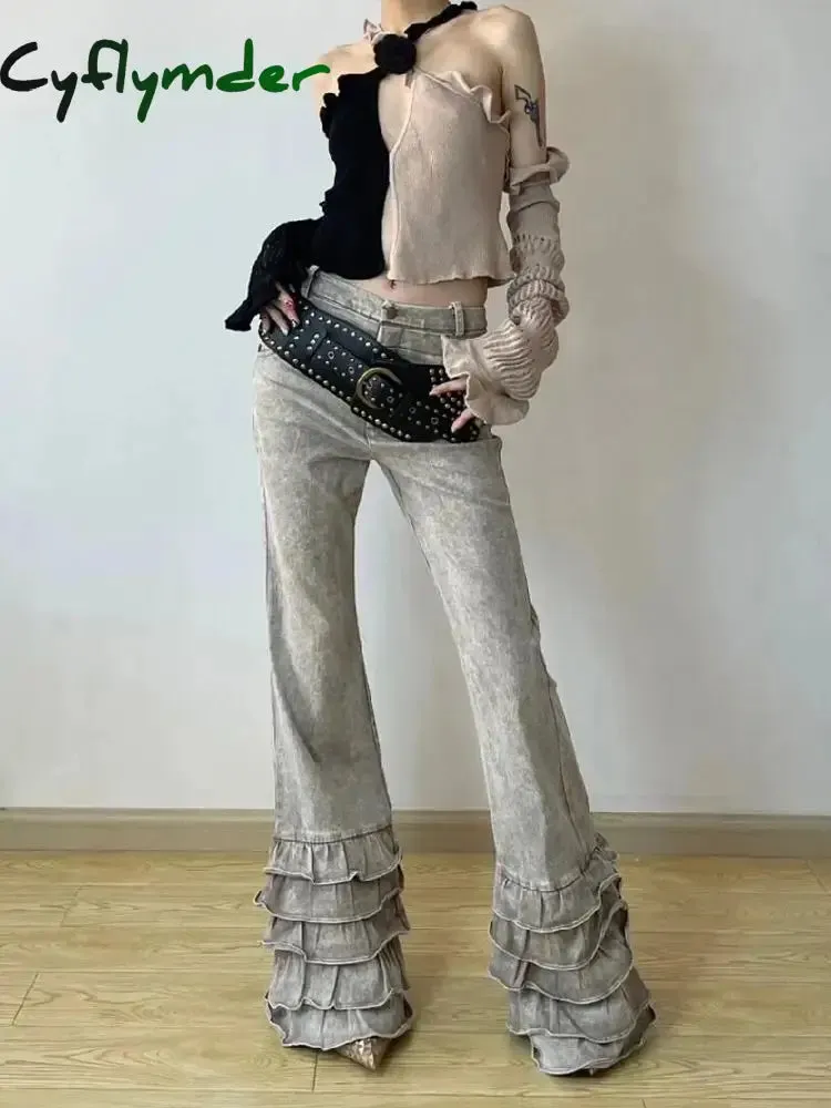 Cyflymder Cyber Y2K Streetwear Washed Apricot Slim New Flared Jeans Pants For Women Designer Clothing Gothic Punk Lady Long Trousers