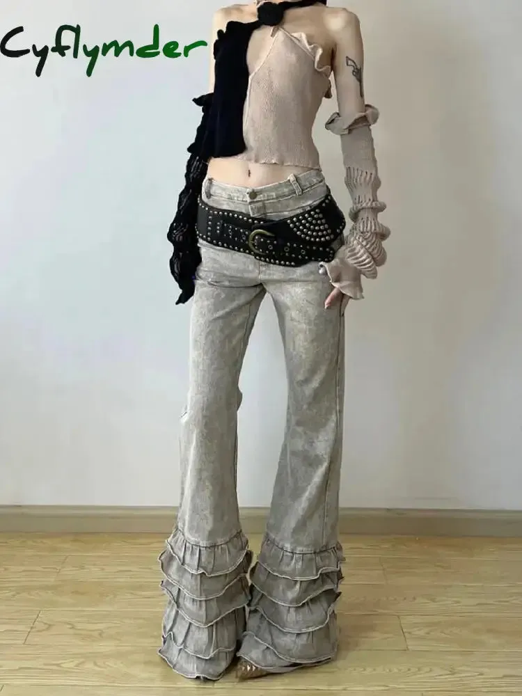 Cyflymder Cyber Y2K Streetwear Washed Apricot Slim New Flared Jeans Pants For Women Designer Clothing Gothic Punk Lady Long Trousers