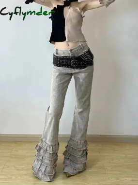 Cyflymder Cyber Y2K Streetwear Washed Apricot Slim New Flared Jeans Pants For Women Designer Clothing Gothic Punk Lady Long Trousers