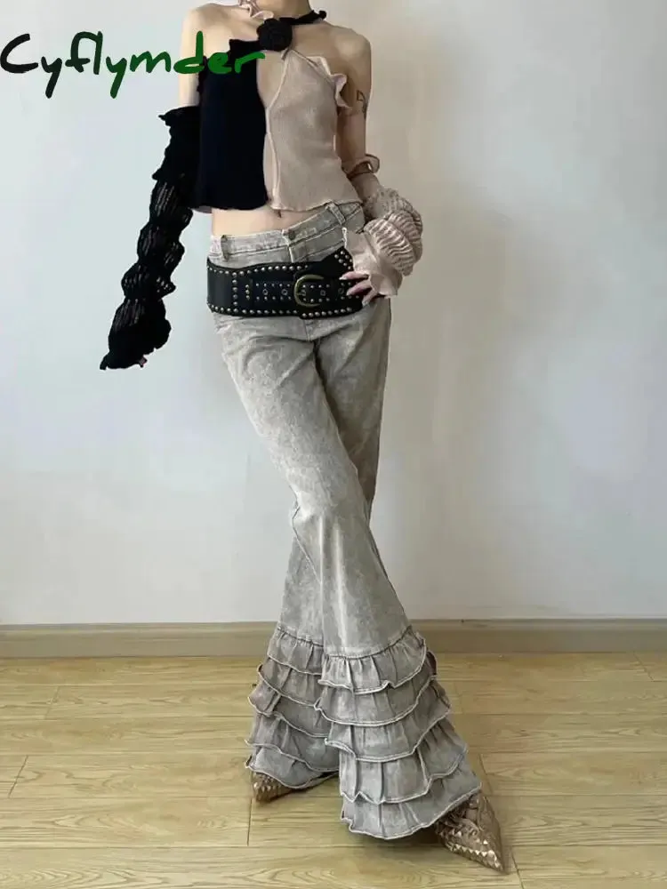 Cyflymder Cyber Y2K Streetwear Washed Apricot Slim New Flared Jeans Pants For Women Designer Clothing Gothic Punk Lady Long Trousers