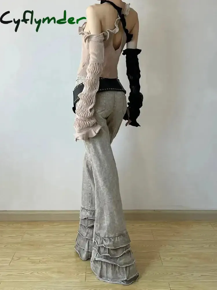 Cyflymder Cyber Y2K Streetwear Washed Apricot Slim New Flared Jeans Pants For Women Designer Clothing Gothic Punk Lady Long Trousers