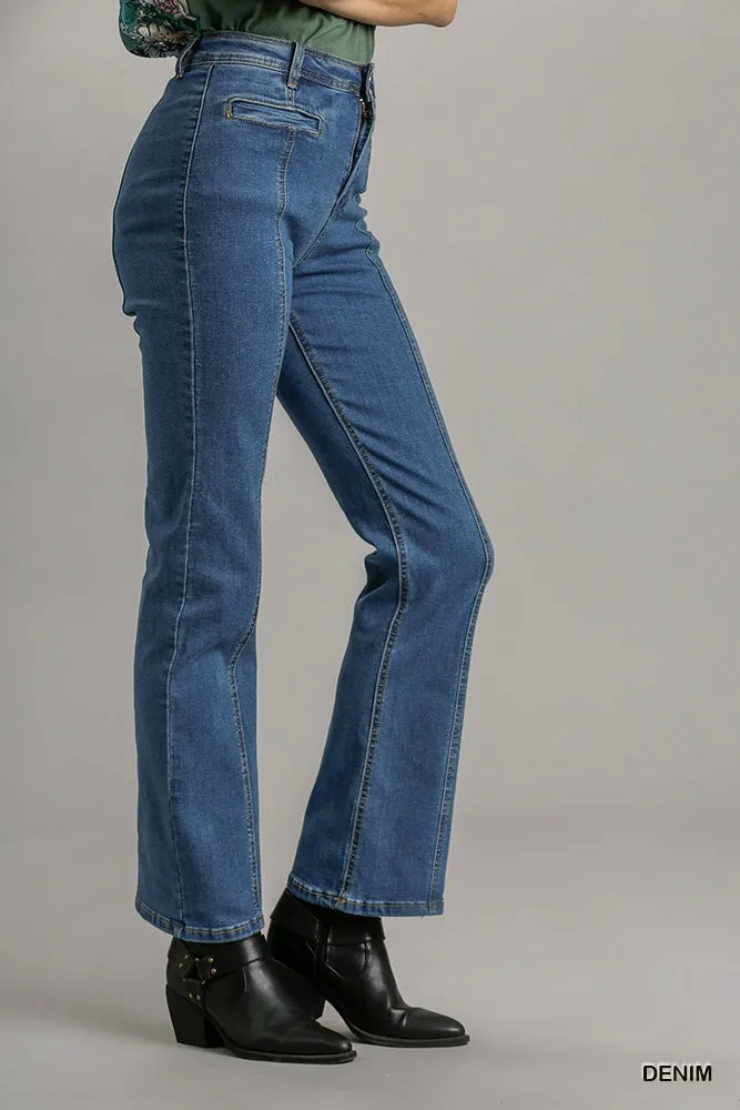 Denim Panel Straight Cut Denim Jeans With Pockets
