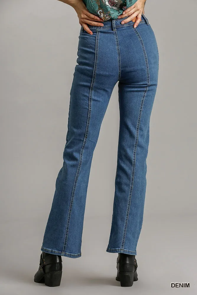 Denim Panel Straight Cut Denim Jeans With Pockets