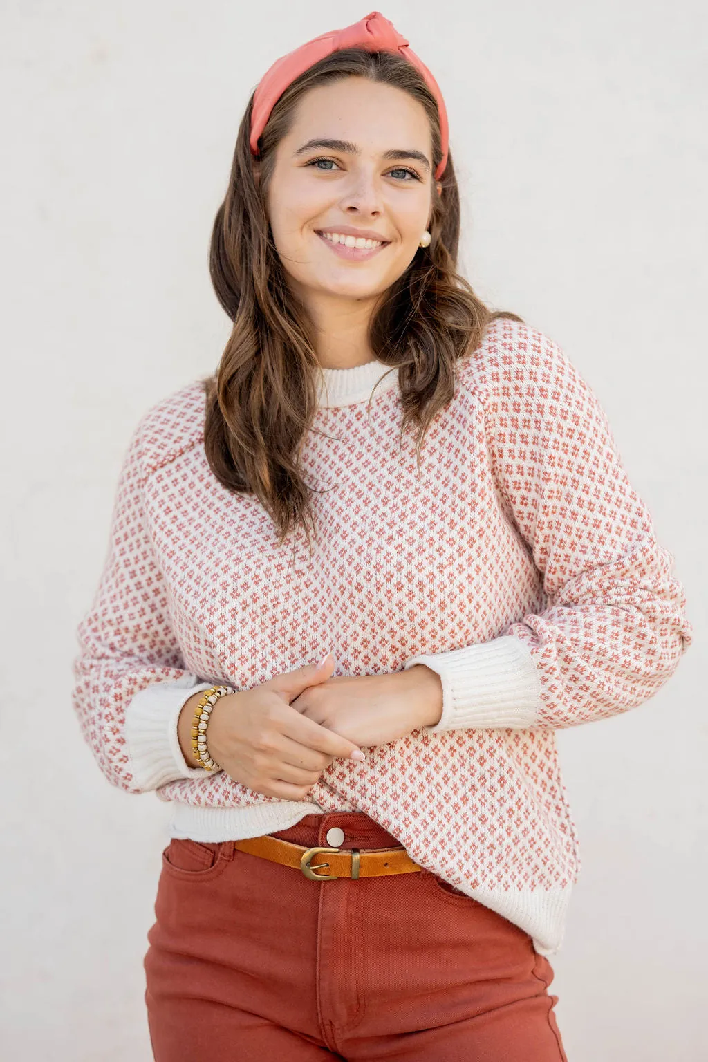 Diamond Stitched Ribbed Trim Sweater