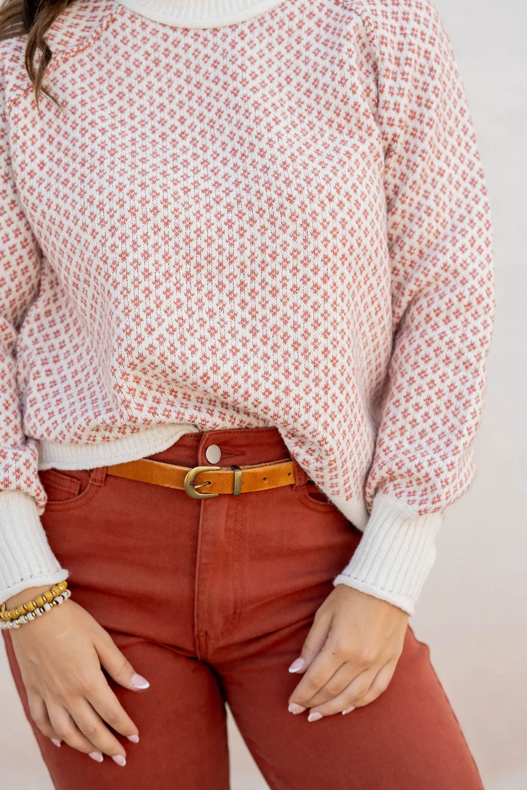 Diamond Stitched Ribbed Trim Sweater