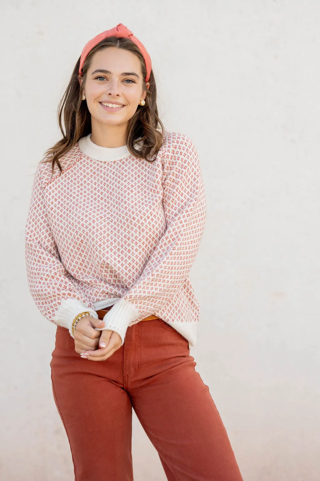 Diamond Stitched Ribbed Trim Sweater