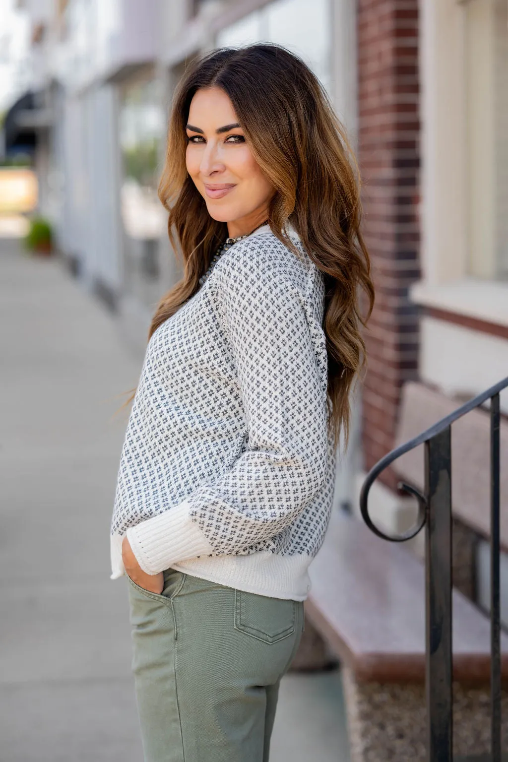 Diamond Stitched Ribbed Trim Sweater