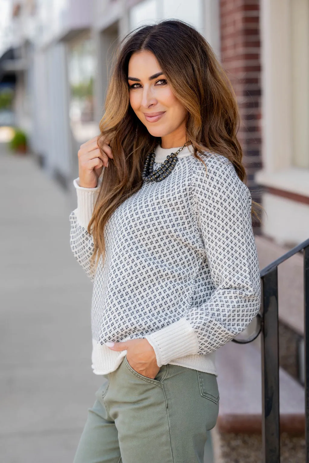 Diamond Stitched Ribbed Trim Sweater