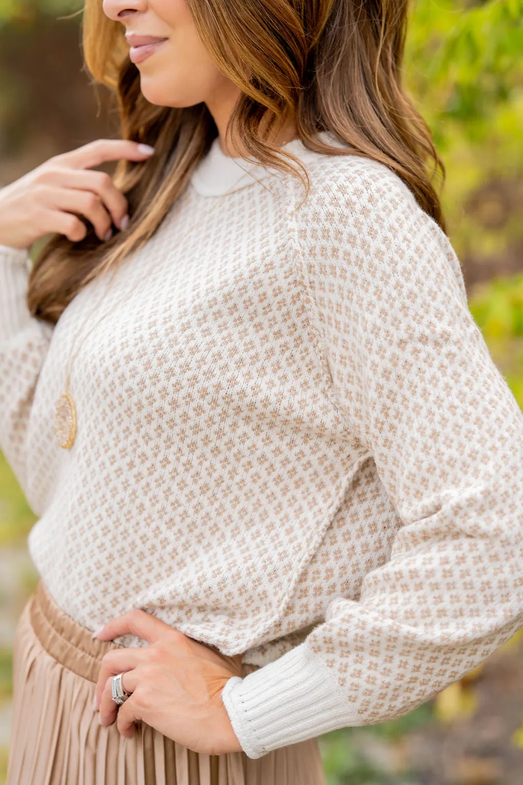 Diamond Stitched Ribbed Trim Sweater