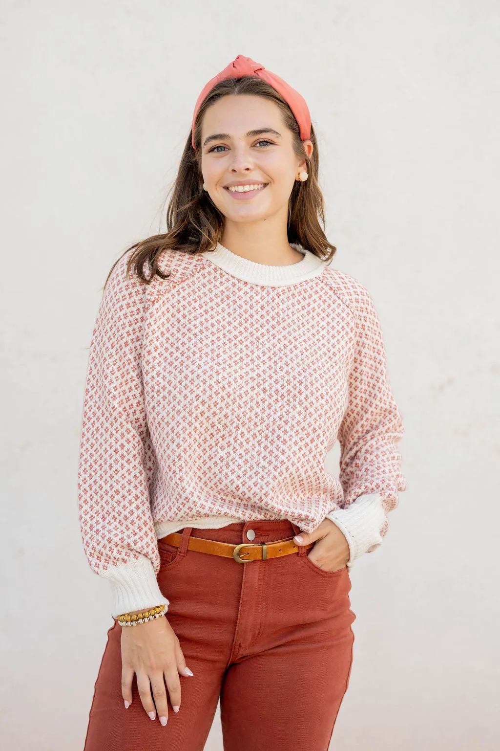 Diamond Stitched Ribbed Trim Sweater