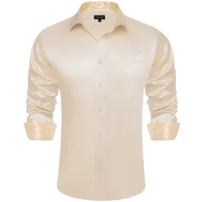 DiBanGu Collar Shirt Antique White Satin Splicing Solid Button Down Shirt for Mens Wedding