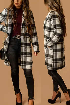 Edison Lapel Collar Plaid Coat (Black   White)