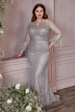 Elegant Plus-Size Sheer Crystal-Infused Gown with Feather Sleeve Accents #CDCB090