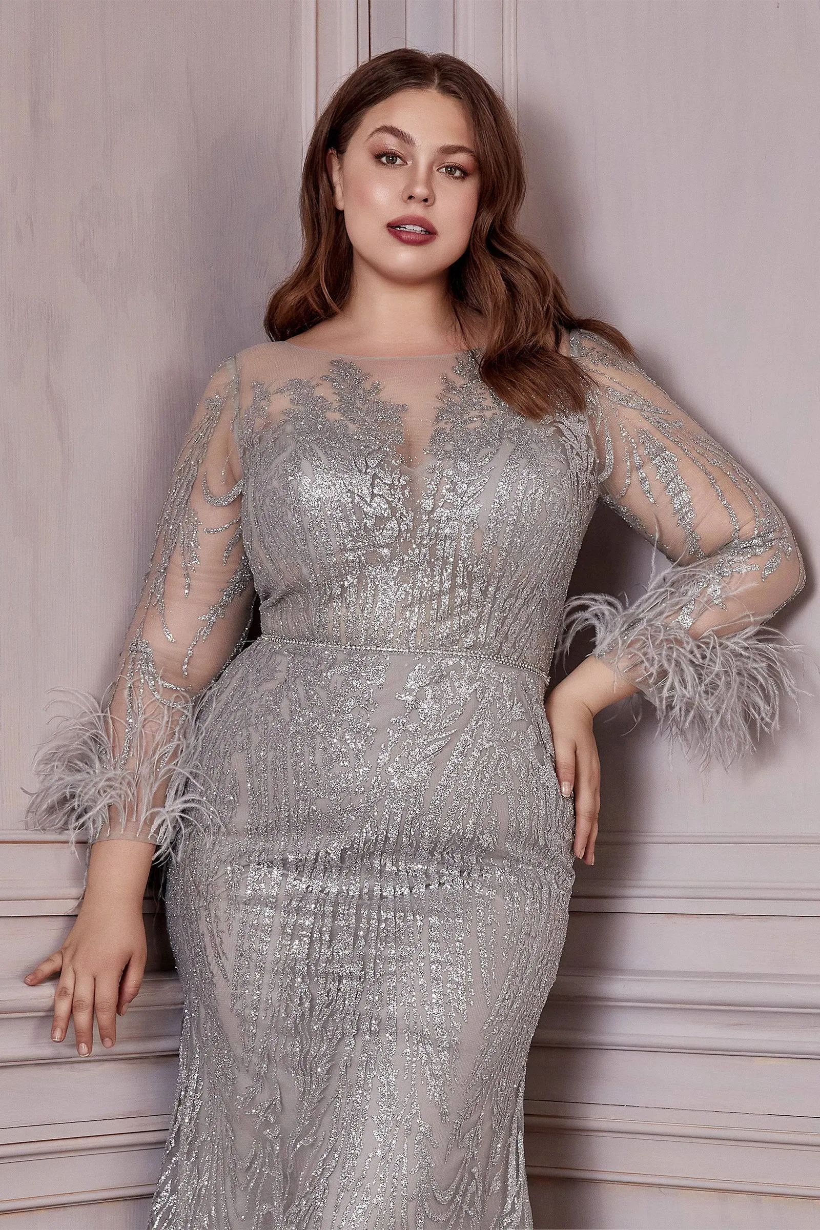 Elegant Plus-Size Sheer Crystal-Infused Gown with Feather Sleeve Accents #CDCB090