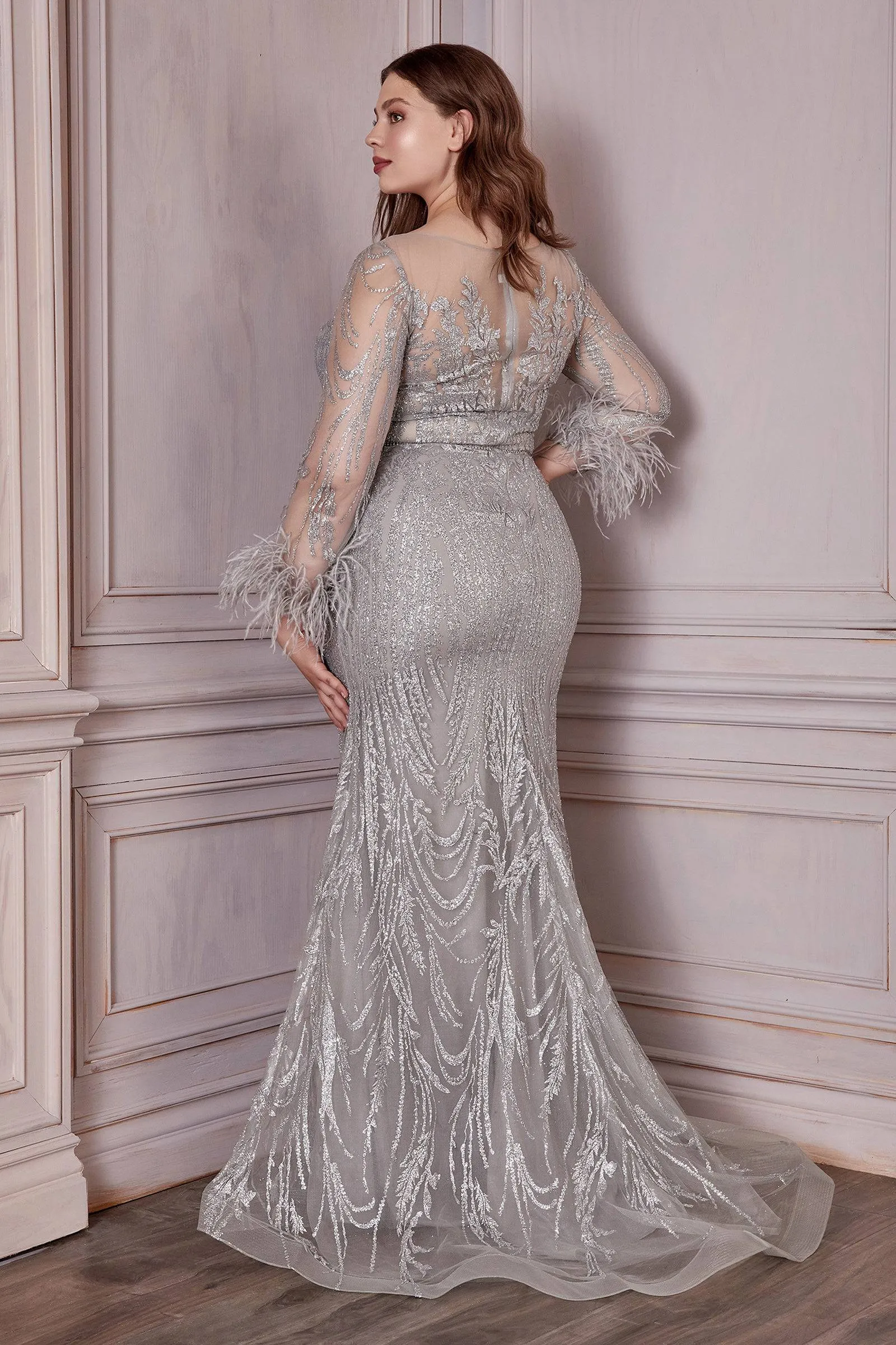 Elegant Plus-Size Sheer Crystal-Infused Gown with Feather Sleeve Accents #CDCB090