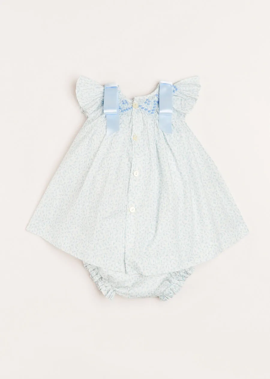 Elsie Floral Print Handsmocked Sleeveless Dress in Blue (1-6mths)
