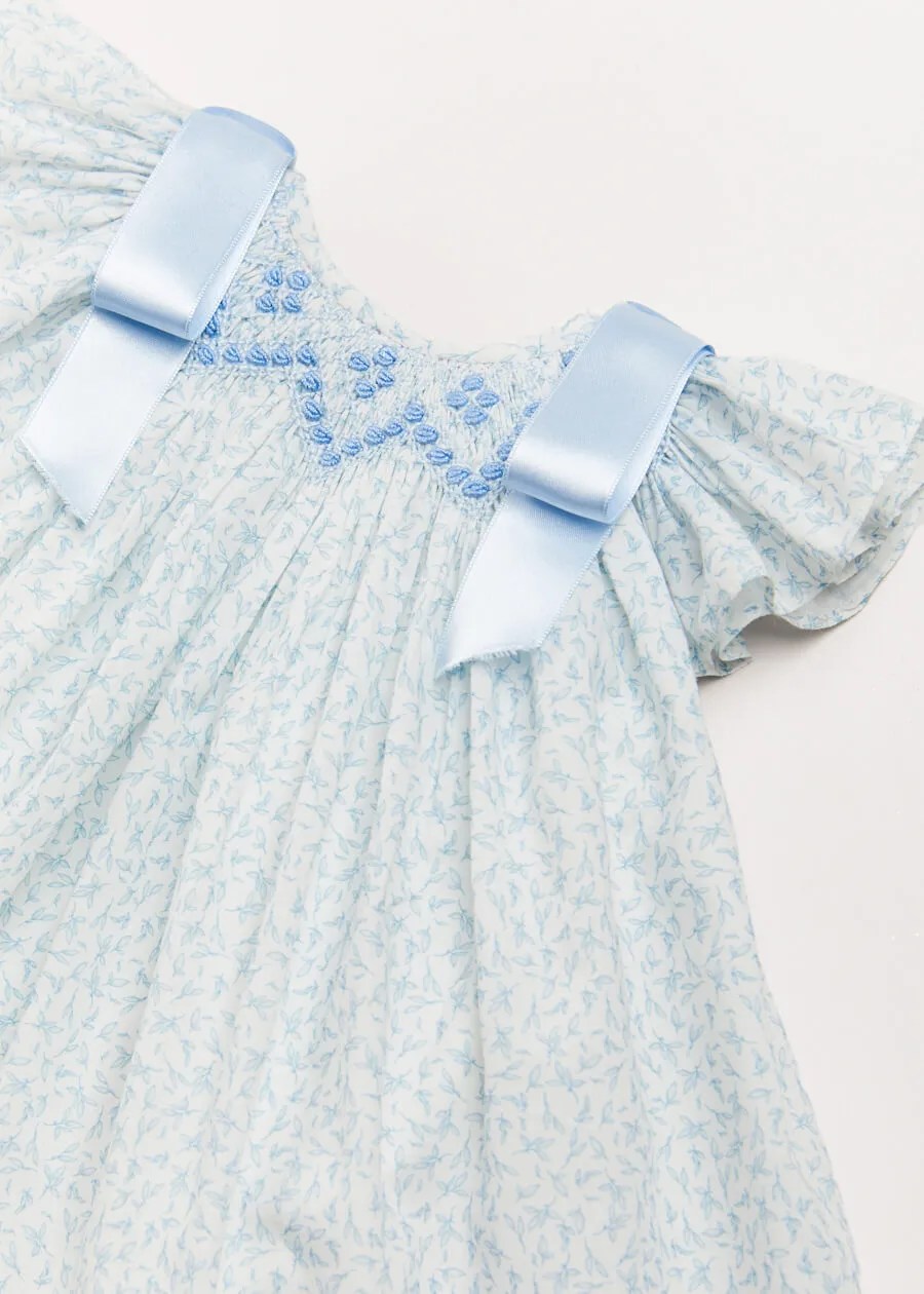 Elsie Floral Print Handsmocked Sleeveless Dress in Blue (1-6mths)